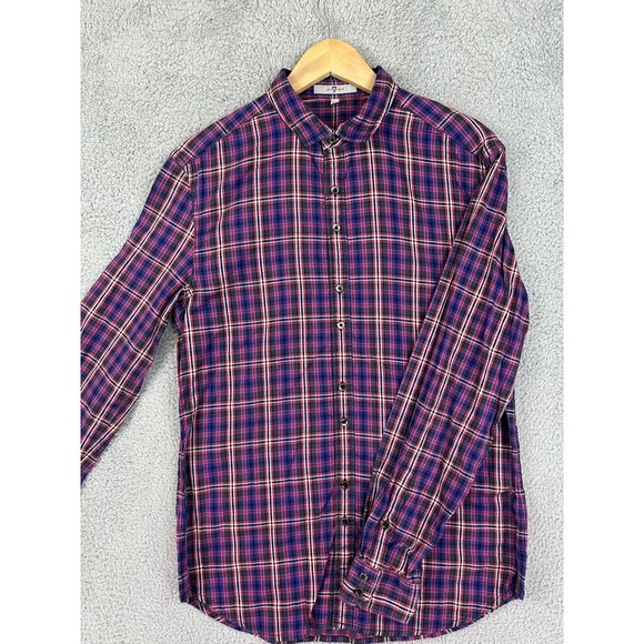 7 For All Mankind Shirt Mens Medium Plaid Red Blue Button Down Casual Cotton Men - Picture 1 of 9